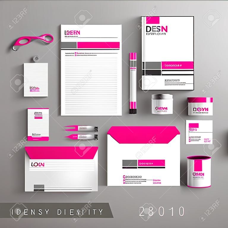 Design de modelo de identidade corporativa branca com linhas rosa e cinza.