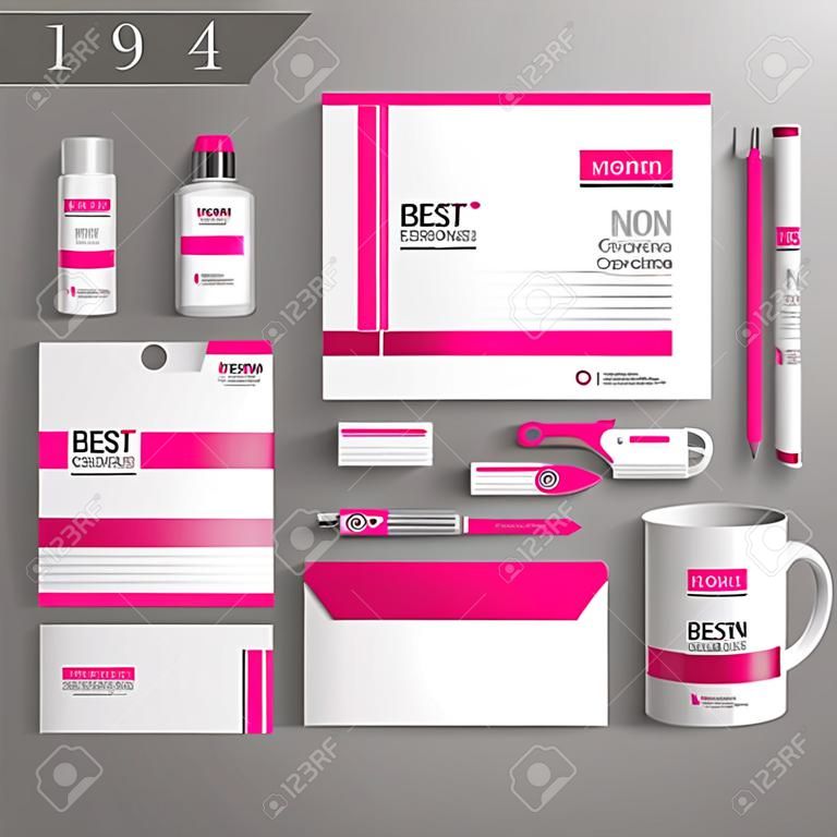 Design de modelo de identidade corporativa branca com linhas rosa e cinza.
