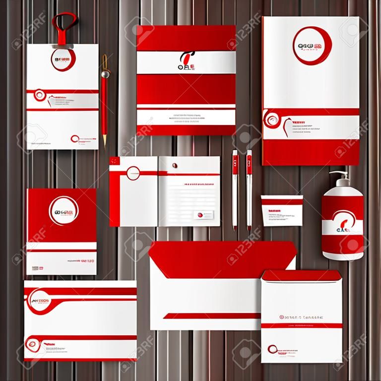 紅色經典企業形象設計模板與白線。經營文具