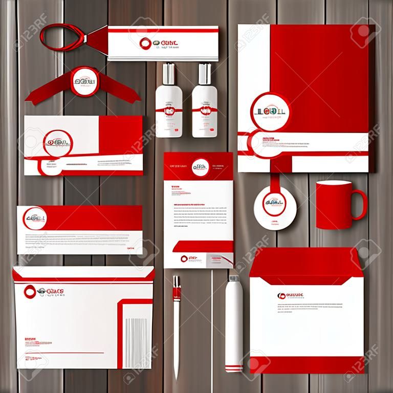 紅色經典企業形象設計模板與白線。經營文具