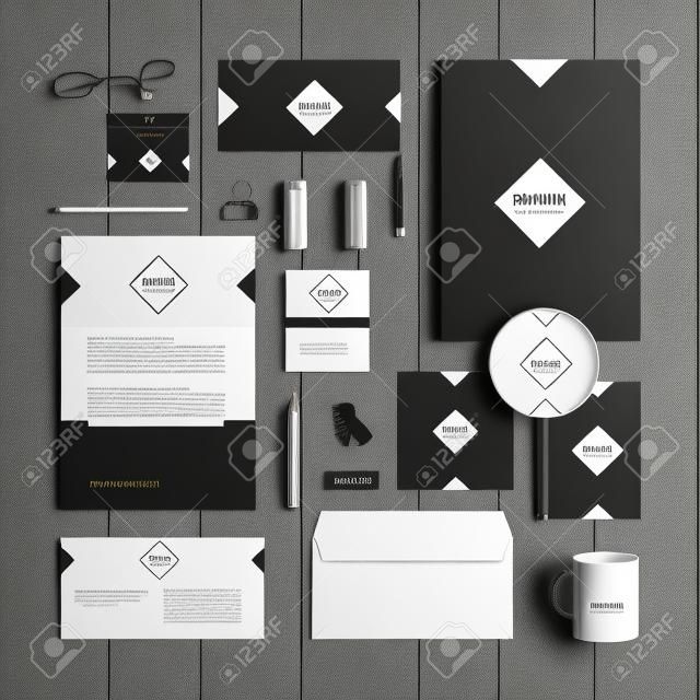 菱形と古典的なブラック企業のアイデンティティ テンプレート デザイン。業務用便箋