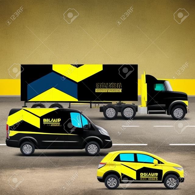Classico nero pubblicità progettazione trasporto con elementi geometrici di colore giallo. Modelli di auto camion, autobus e passeggero. Corporate identity