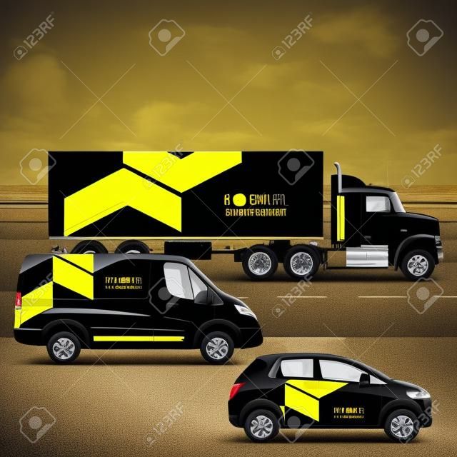 Klasszikus fekete közlekedési reklámgrafika sárga geometrikus elemekkel. Sablonok a teherautó, busz és személyautó. Arculat