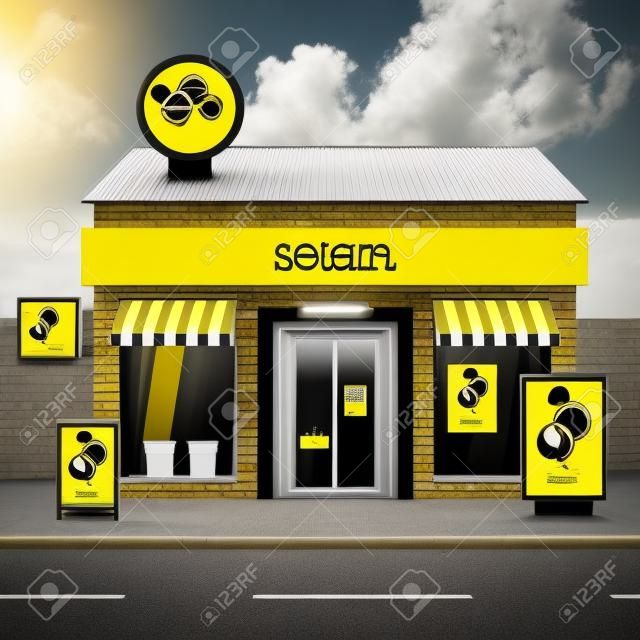 Store design nero e giallo con le nubi di dialogo. Elementi di pubblicità esterna. Corporate identity