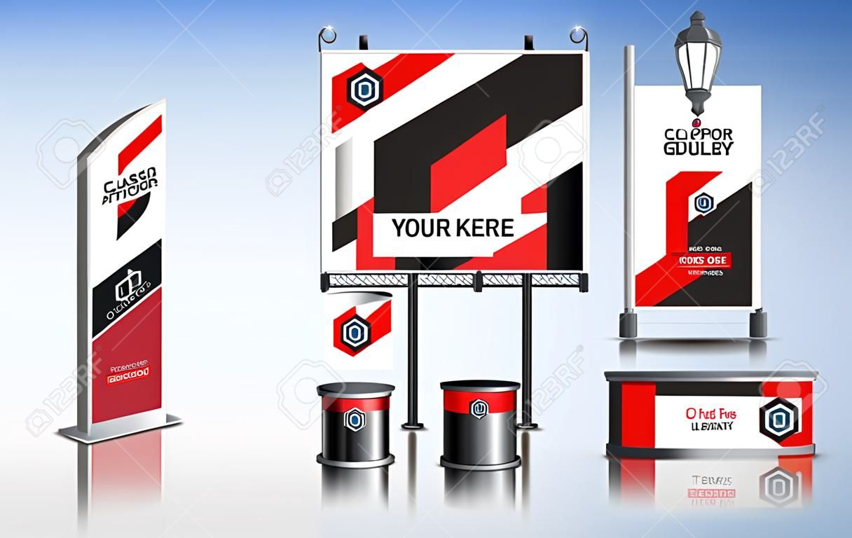Classic outdoor advertising design for corporate identity with color geometric elements. Stationery set