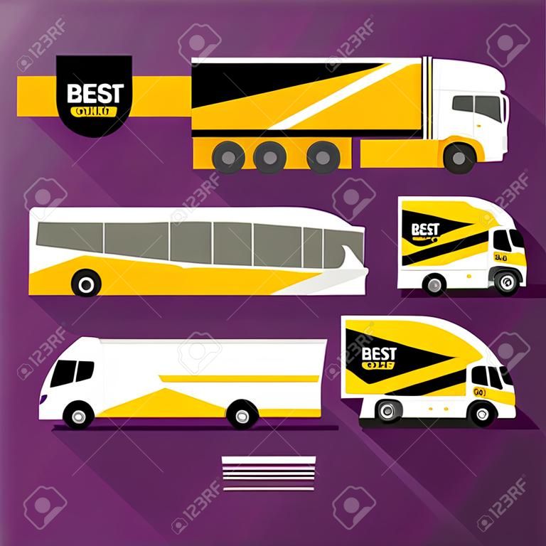 Orange transport advertising design with black and yellow diagonal lines. Templates of the truck, bus, passenger car and plane. Corporate identity