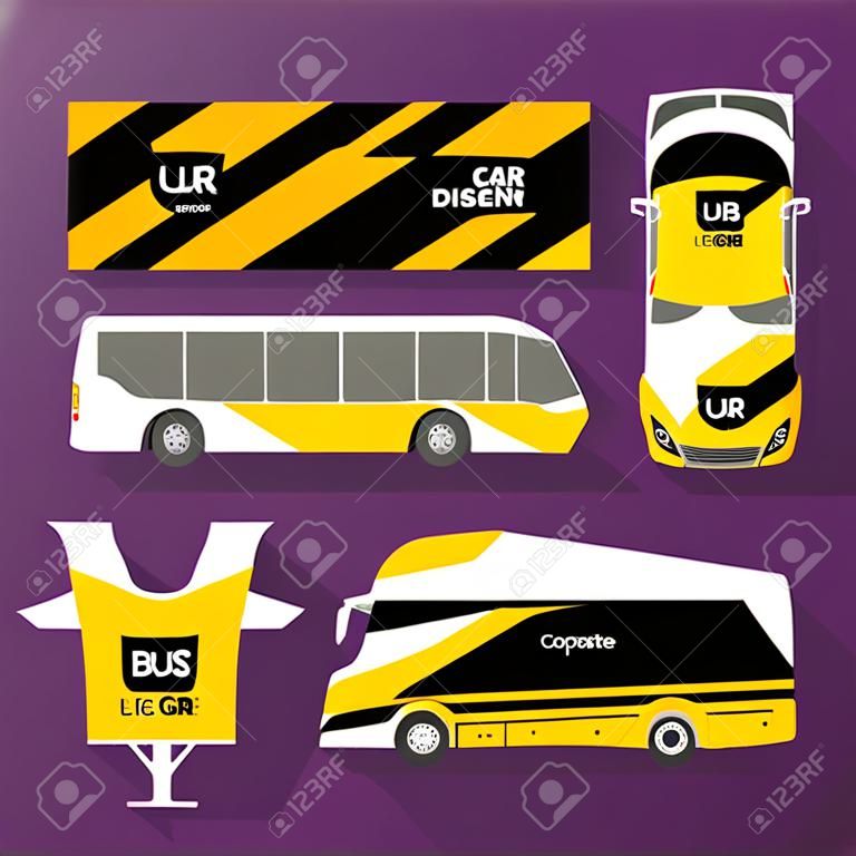 Orange transport advertising design with black and yellow diagonal lines. Templates of the truck, bus, passenger car and plane. Corporate identity