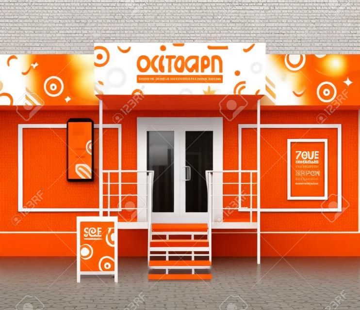 Orange store design with geometric pattern. Elements of outdoor advertising. Corporate identity