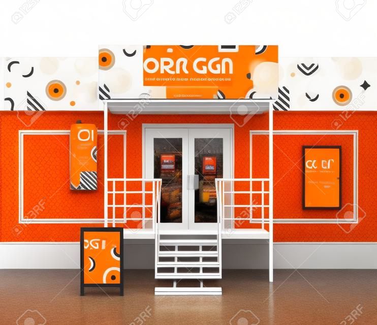 Orange store design with geometric pattern. Elements of outdoor advertising. Corporate identity