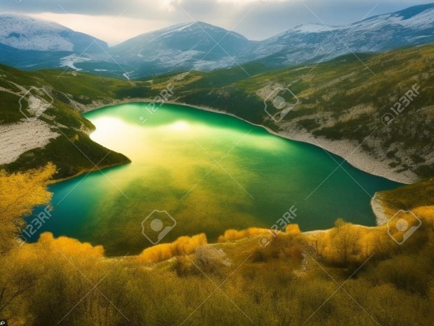 Stunning view of the heart-shaped Scanno lake, the most famous and romantic lake in Abruzzo national Park, central Italy