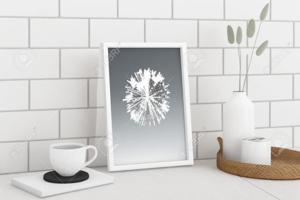 White picture frame mockup and home decor on table. Scandinavian living room interior design. Nordic style.