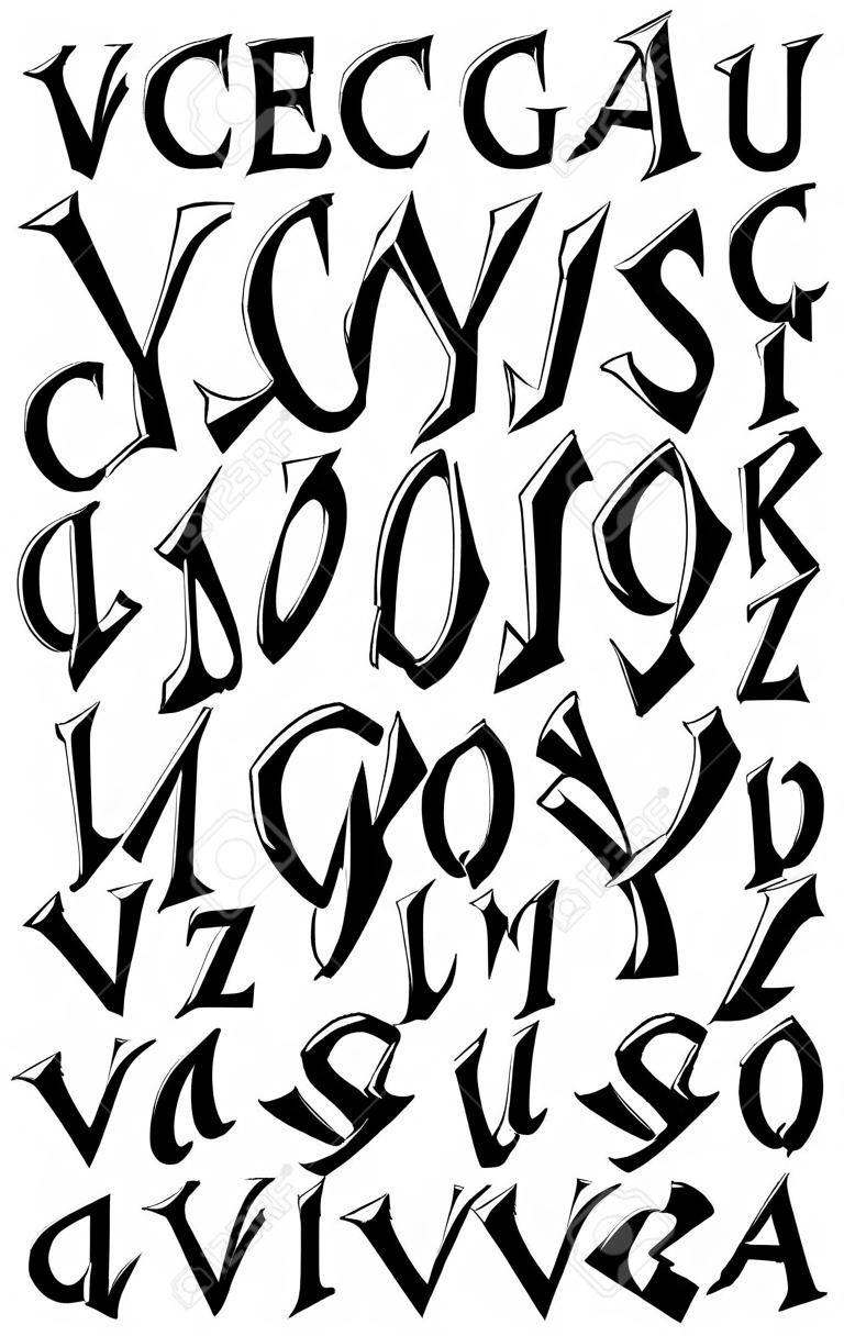 Czcionka wektorowa w graffiti odręczny styl 3D. Alfabet wielkich liter.