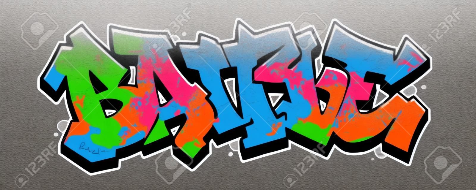 Slagwoord in leesbare graffiti stijl in levendige aanpasbare kleuren.