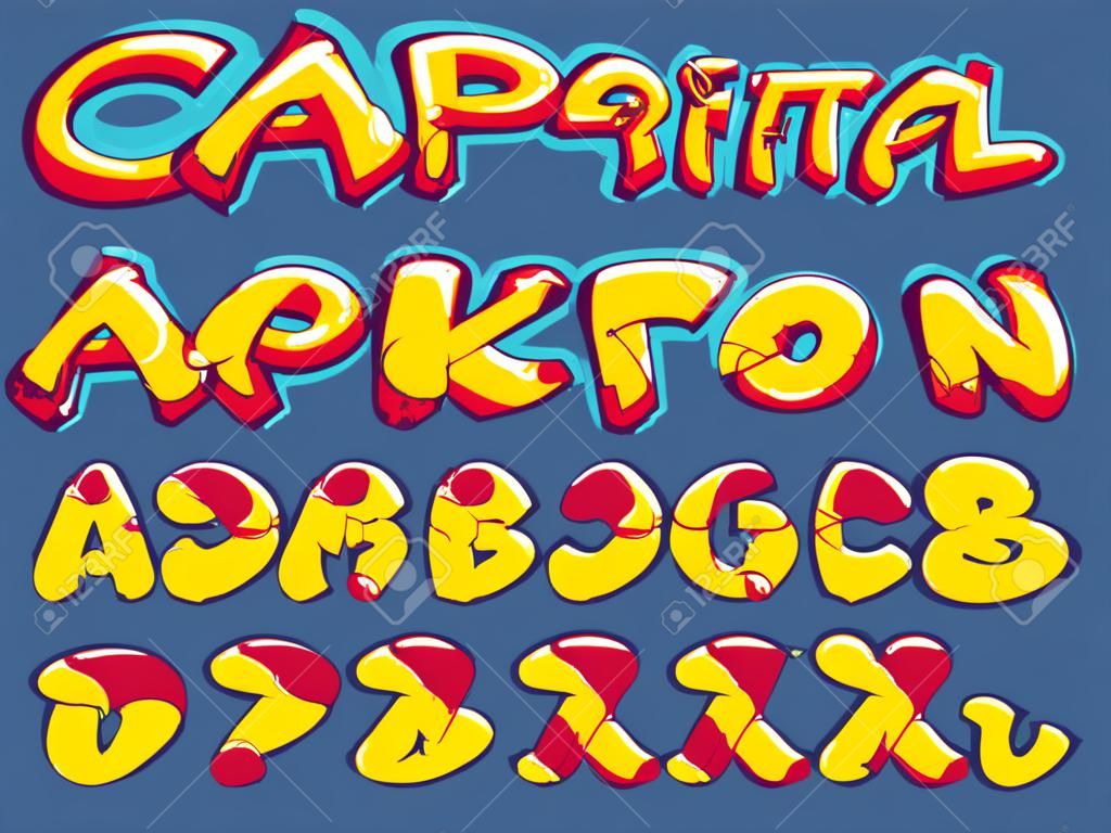 Vector lettertype in old school graffiti stijl. Hoofdletter alfabet. Volledig aanpasbare kleuren.