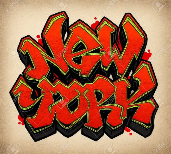 Nowy Jork napis w czytelnym stylu graffiti. Na białym tle czarna linia na białym tle.