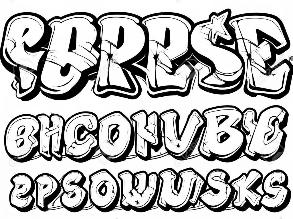 Vector lettertype in old school graffiti stijl. Hoofdletters alfabet. Geïsoleerde zwarte omtrek