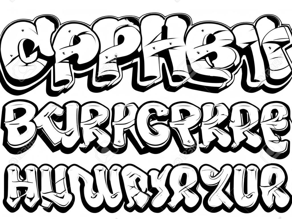 Vector lettertype in old school graffiti stijl. Hoofdletters alfabet. Geïsoleerde zwarte omtrek