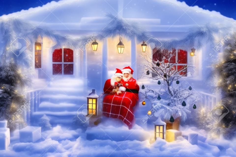 Christmas romance in Santa Claus hats beautiful house New Years atmosphere