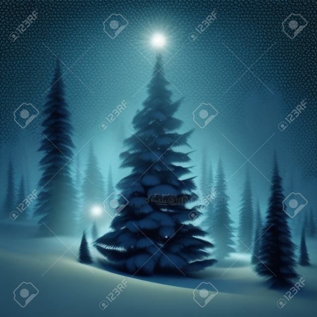 Magetische dennenbomen versierd met gloeiende lichten op winteravond. vierkant formaat, 3d digitale illustratie