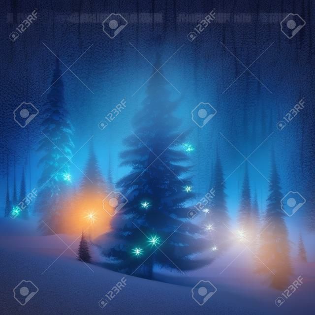 Magetische dennenbomen versierd met gloeiende lichten op winteravond. vierkant formaat, 3d digitale illustratie