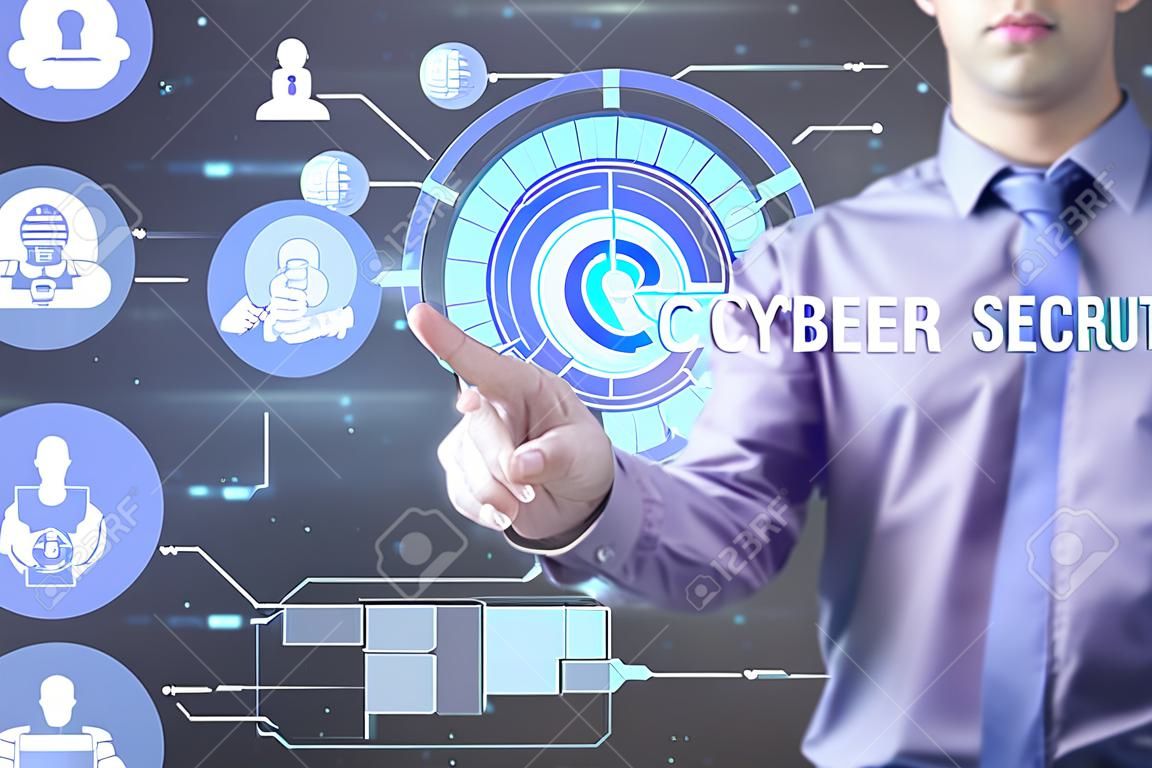 Business, Technology, Internet and network concept. Young businessman working on a virtual screen of the future and sees the inscription: Cyber security