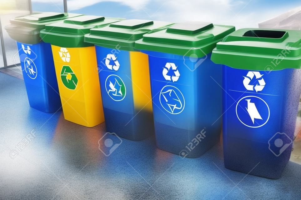 Coleta separada de lixo. Conceito de reciclagem de resíduos. Recipientes para metal, vidro, papel, orgânicos, plástico para processamento posterior de lixo.