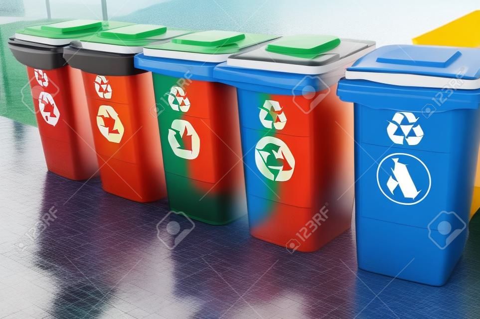 Coleta separada de lixo. Conceito de reciclagem de resíduos. Recipientes para metal, vidro, papel, orgânicos, plástico para processamento posterior de lixo.