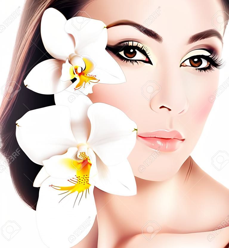 Closeup auf schönes Gesicht mit weiße Orchidee Blume, perfekt saubere Haut, Junge weibliche Porträt, isoliert auf weißem Hintergrund mit Text Raum, Beauty- und Spa Konzept