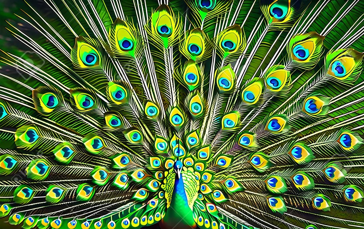 Niesamowity pawi ogon, piękne kolorowe ptasie pióra, abstrakcyjne naturalne tło, piękno dzikich zwierząt
