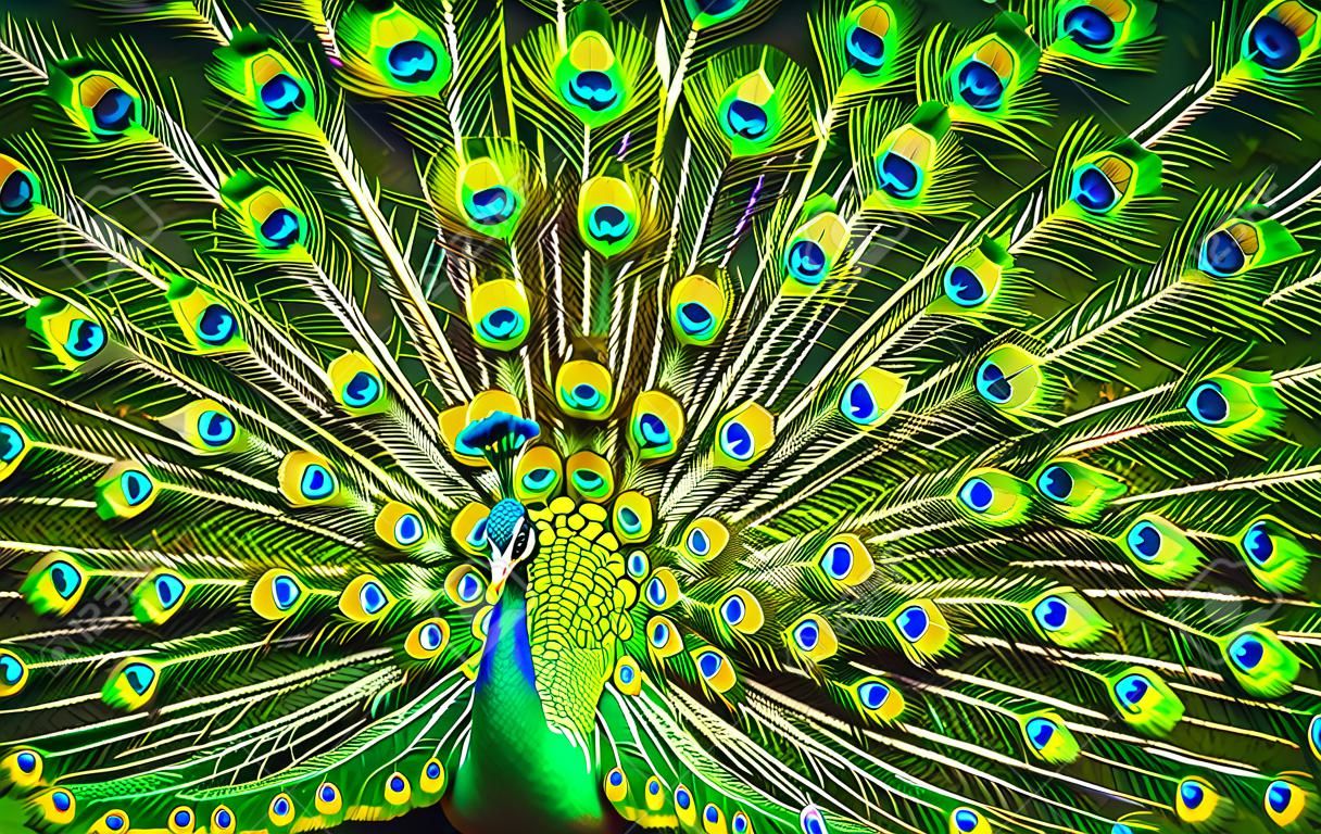 Niesamowity pawi ogon, piękne kolorowe ptasie pióra, abstrakcyjne naturalne tło, piękno dzikich zwierząt