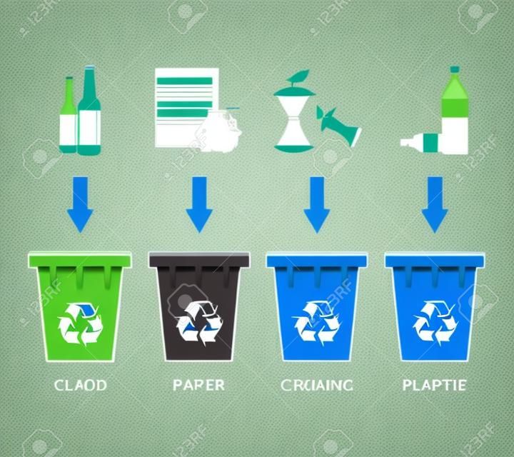 Contenedores de reciclaje separación. Residuos concepto de gestión de la segregación. Ilustración vectorial