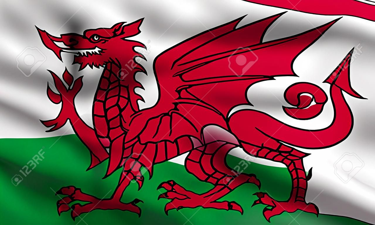 ウェールズの国民の公式の旗。愛国のシンボル、バナー、背景の要素正しいサイズ、色。ウェールズを振って風、実際詳しい生地のテクスチャの旗。3 D イラストレーション