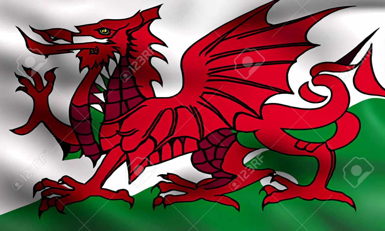 ウェールズの国民の公式の旗。愛国のシンボル、バナー、背景の要素正しいサイズ、色。ウェールズを振って風、実際詳しい生地のテクスチャの旗。3 D イラストレーション