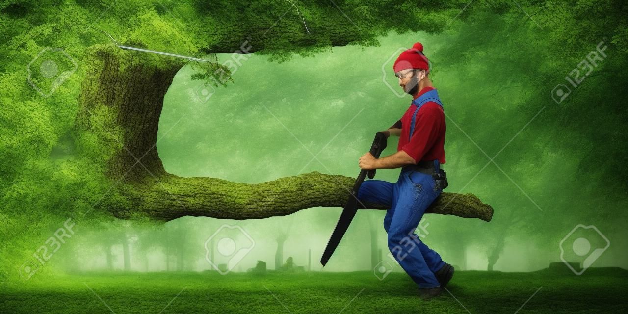 A man is sawing off the branch he is sitting on