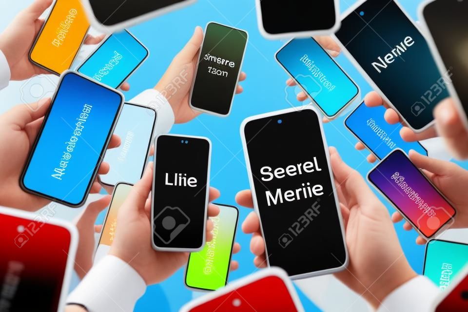 Veel smartphone schermen met internet buzzwords
