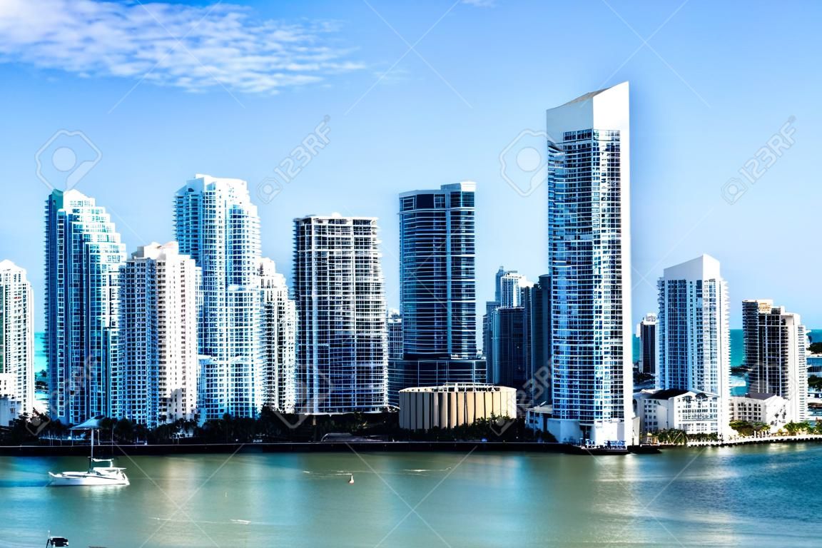 Seascape of Bayside in Miami with buildings and skyscrapers in downtown