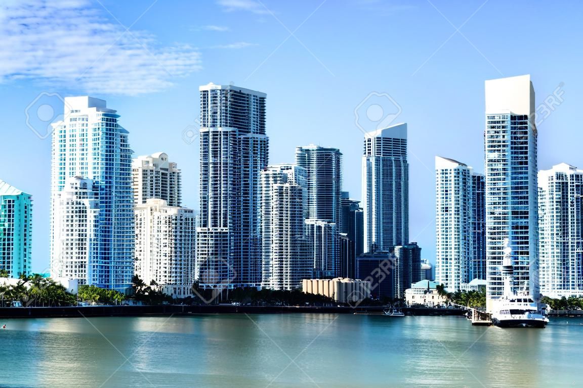 Seascape of Bayside in Miami with buildings and skyscrapers in downtown