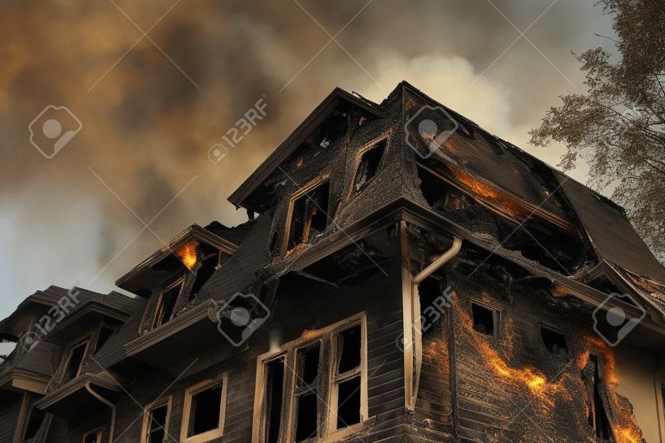 燃烧后的房屋部分。火灾后的房子的一部分