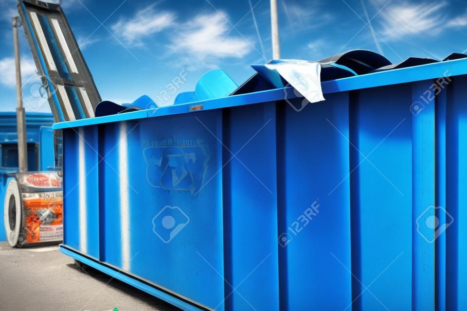 Blu cassonetto, riciclare i rifiuti del contenitore per il riciclaggio dei rifiuti su ecologia e ambiente Messa a fuoco selettiva