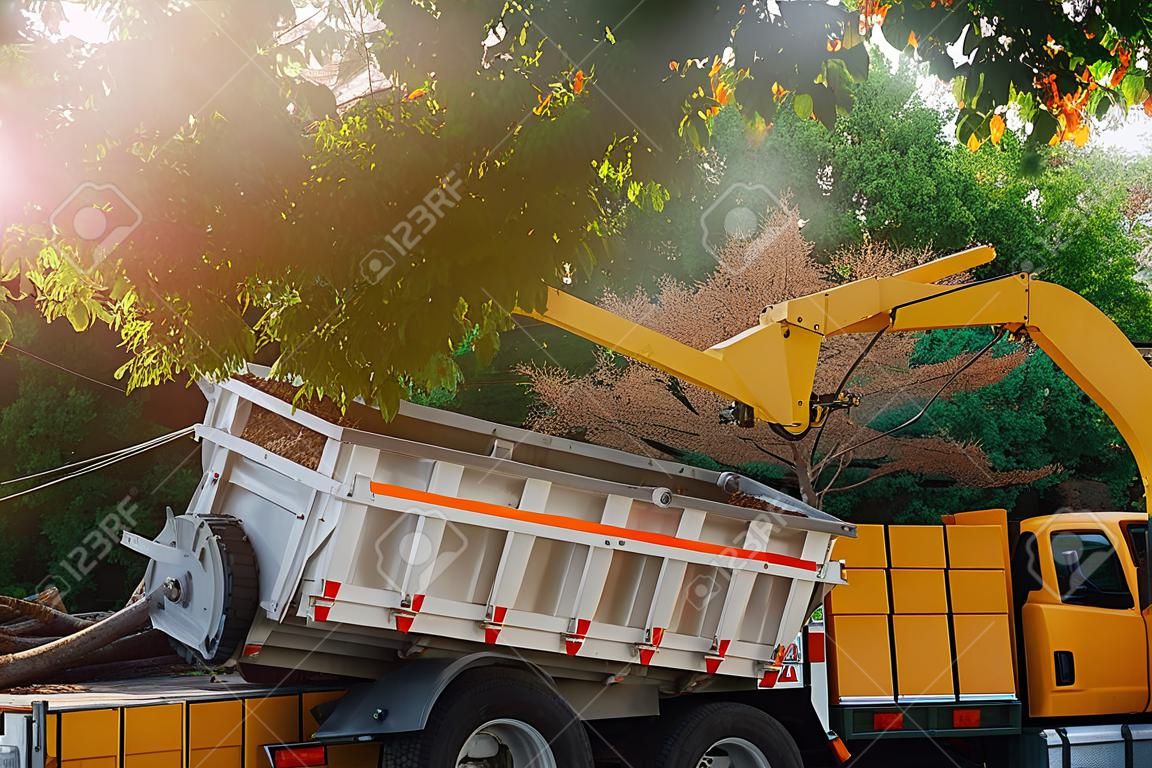 Wood chipper blowing tree branches cut a portable machine used for reducing wood into the back of a truck.