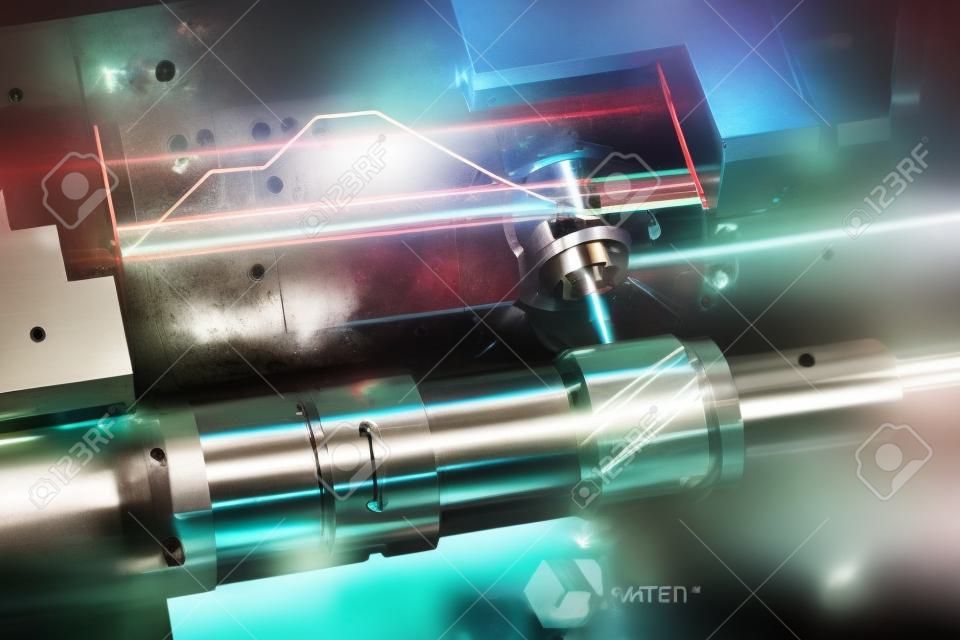 The abstract scene of CNC lathe machine with the graph background. The turn-mill machine cutting the metal shaft parts with the mill turret.