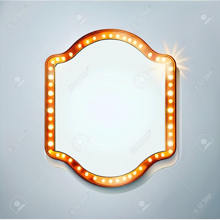 Retro bulb circus cinema light sign template - vintage old frame theater casino or circus illuminated banner. Vector illustration