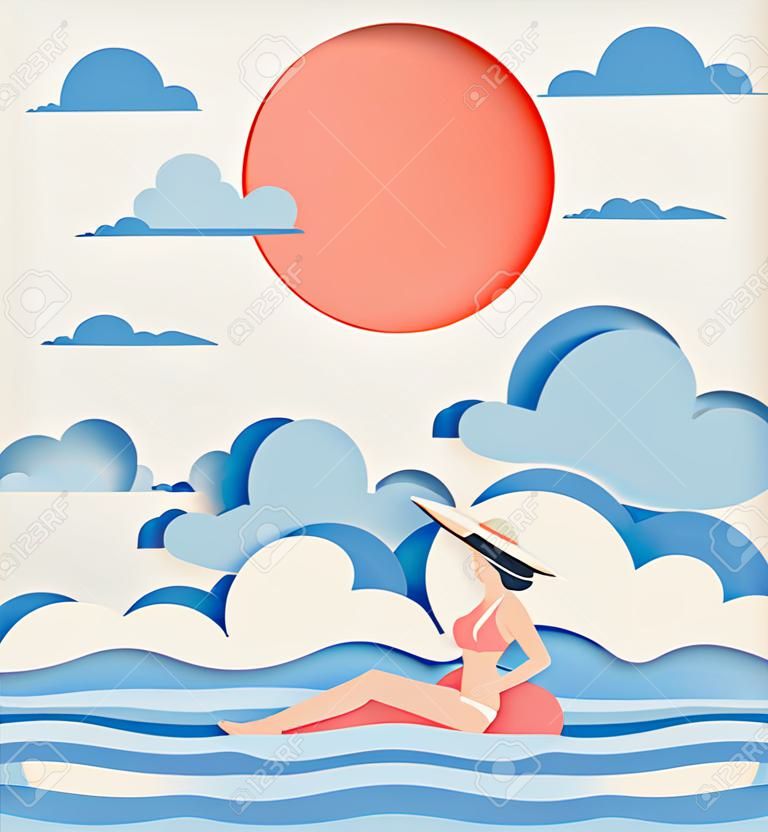 Девушка, плавающие на пляже с красивым фоном море бумаги вырезать стиль векторной иллюстрации