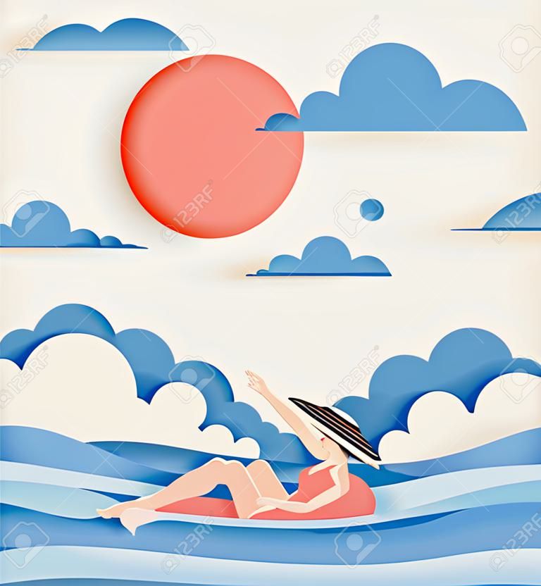 Lány úszó a tengerparton gyönyörű tengeri háttér papír vágott stílus vektoros illusztráció