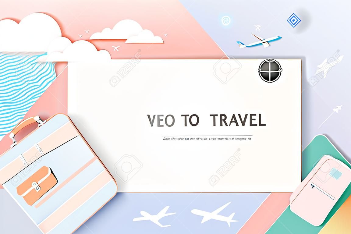 Travel various items in paper art style with pastel color scheme background vector illustration