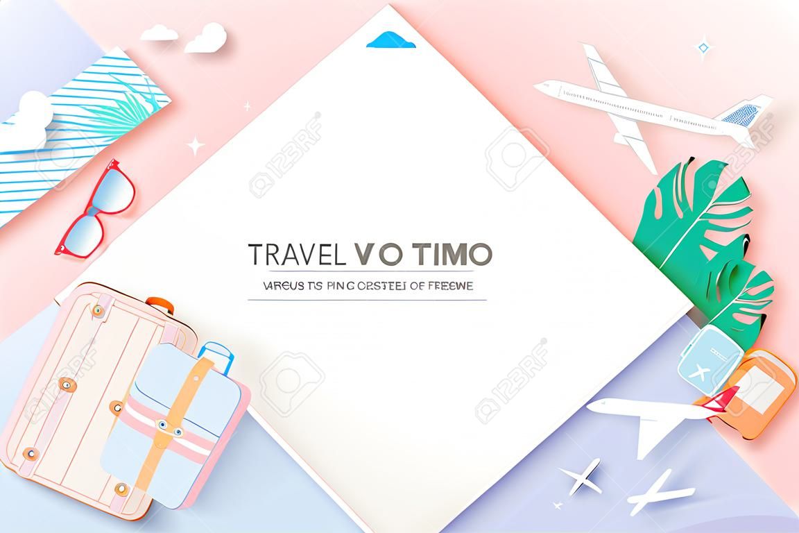 Travel various items in paper art style with pastel color scheme background vector illustration