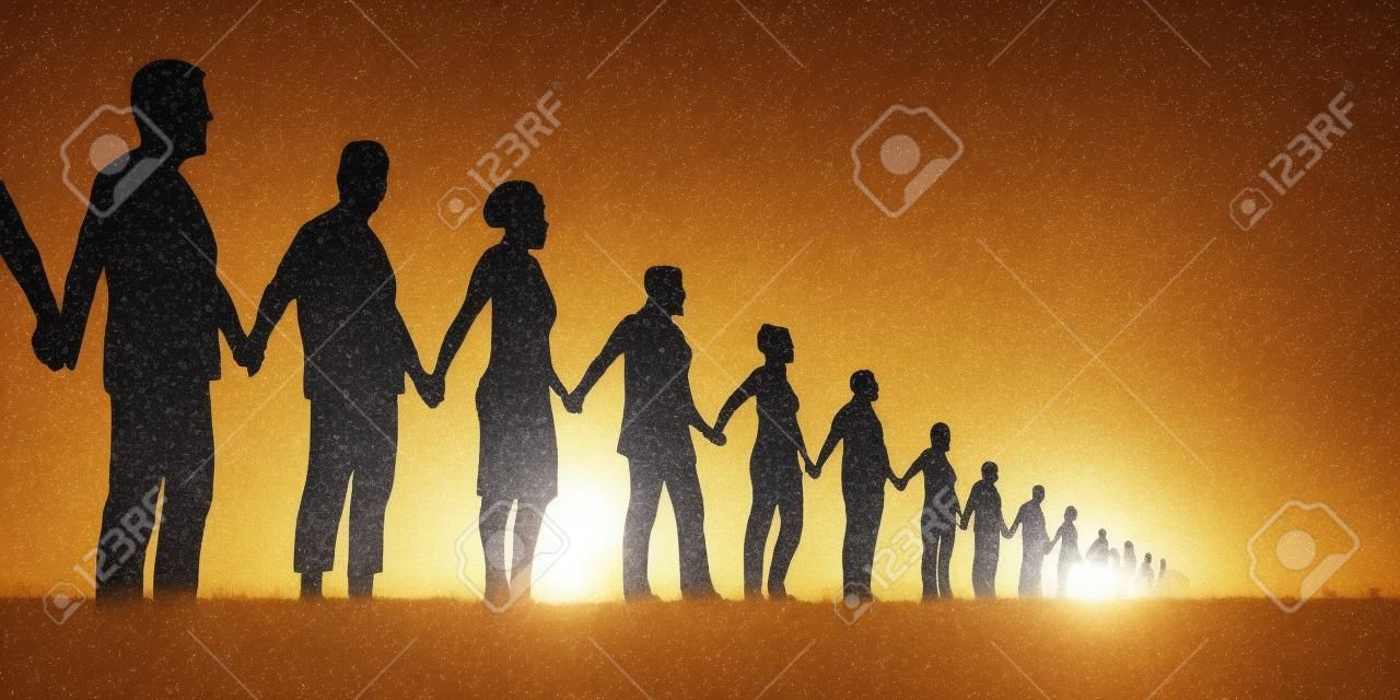 Begrip menselijke keten en solidariteit met een groep uitgelijnde mensen die de handen ineen slaan om te laten zien dat er kracht is in eenheid.