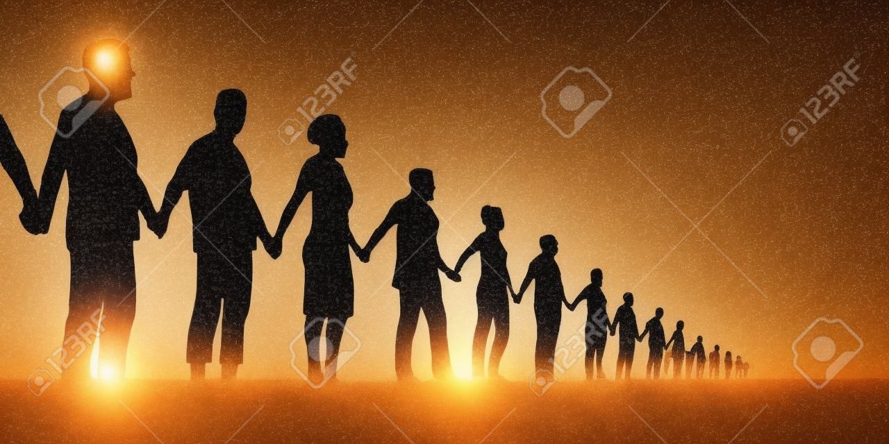 Conceito de cadeia humana e solidariedade com um grupo de pessoas alinhadas que dão as mãos para mostrar que há força na unidade.