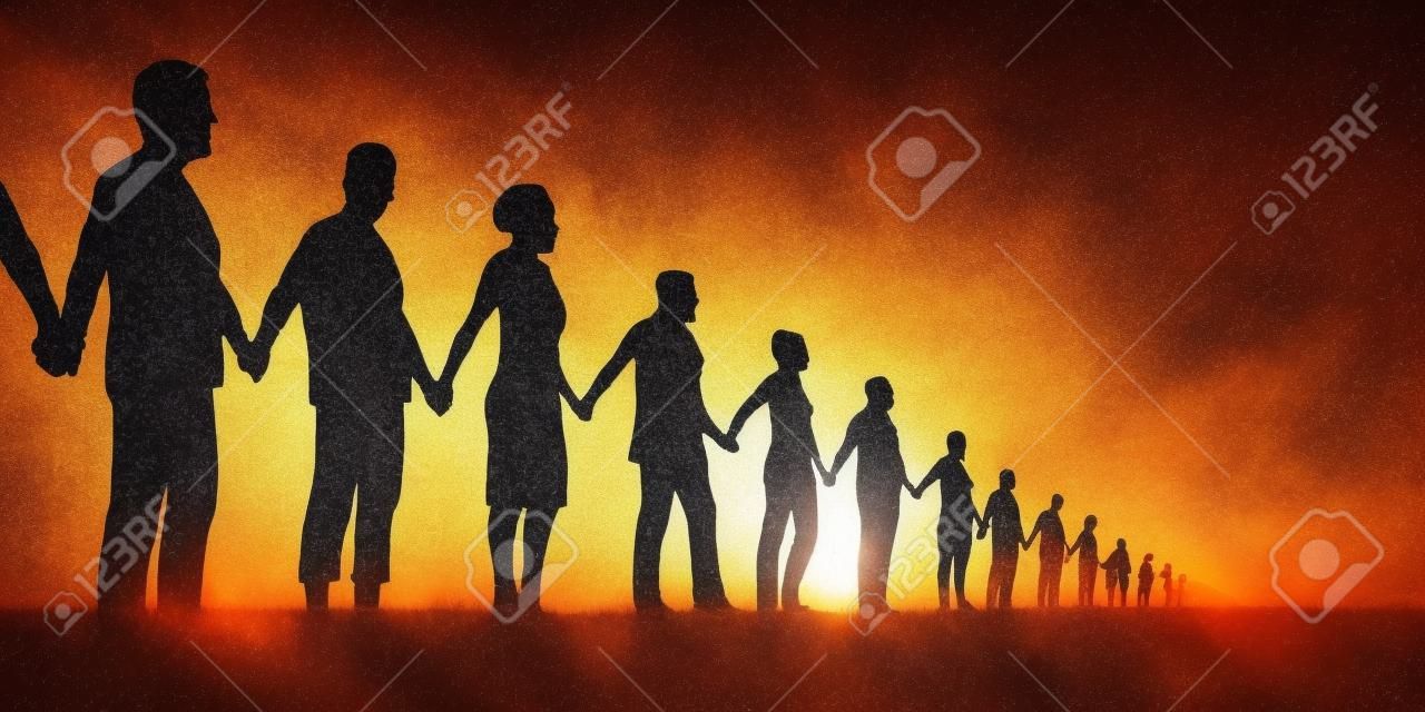 Koncepcja ludzkiego łańcucha i solidarności z grupą wyrównanych ludzi, którzy łączą ręce, aby pokazać, że w jedności siła.