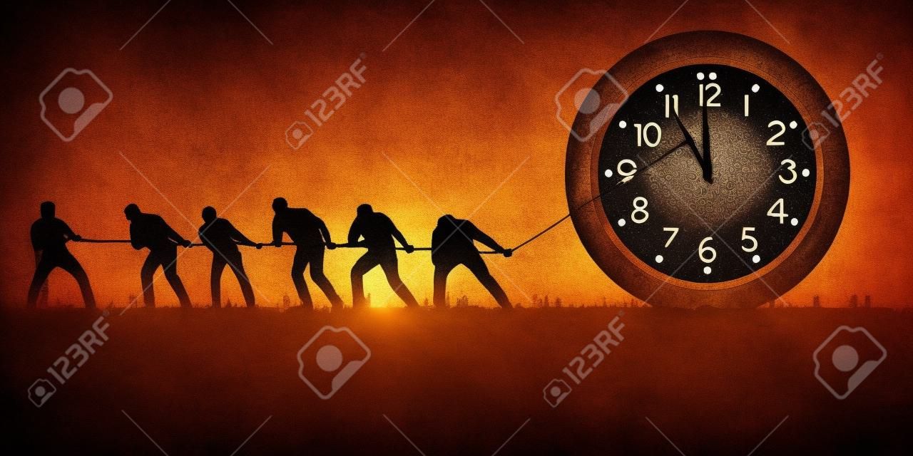 symbool van de tijd met een groep mannen die proberen om het te stoppen door symbolisch de handen van een klok met een touw vast te houden.